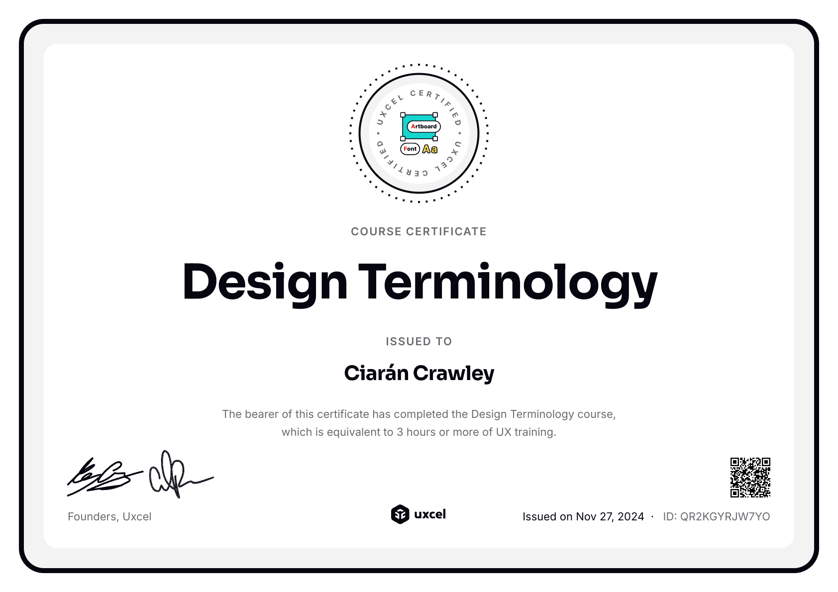 Ciarán Crawley's certificate